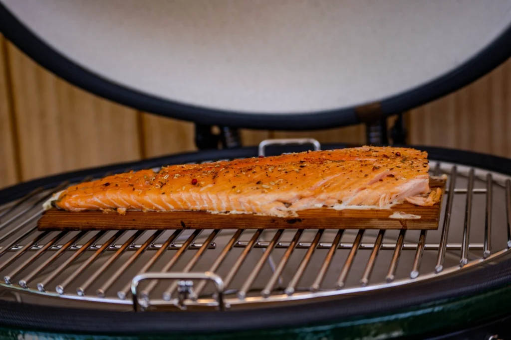 Close-up of Kamado barbecue grill with perfectly cooked food. TIGER FIRE | PLANCHA